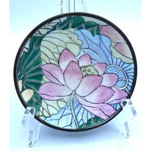 Macau Style Chinese Enamel Cloisonne Brass Rimmed and Back Small Lotus Flower Di